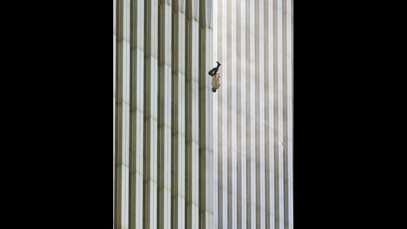 Richard Drew captured this image of a man falling from the World Trade Center in New York after the terror attacks on September 11, 2001. Its publication led to a public outcry from people who found the photograph insensitive. Drew sees it differently. <a href="index.php?page=&url=http%3A%2F%2Fwww.thedailybeast.com%2Farticles%2F2011%2F09%2F08%2Frichard-drew-s-the-falling-man-ap-photographer-on-his-iconic-9-11-photo.html" target="_blank" target="_blank">On the 10th anniversary of the attacks</a>, he said he considers the falling man an "unknown soldier" who he hopes "represents everyone who had that same fate that day." It's believed that upwards of 200 people fell or jumped to their deaths after the planes hit the towers.