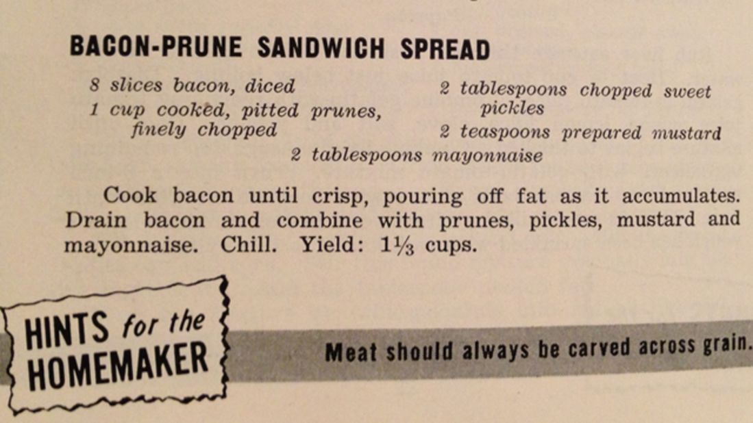 Bacon-Prune Sandwich Spread: The Homemaker's Meat Recipe Book (1949)