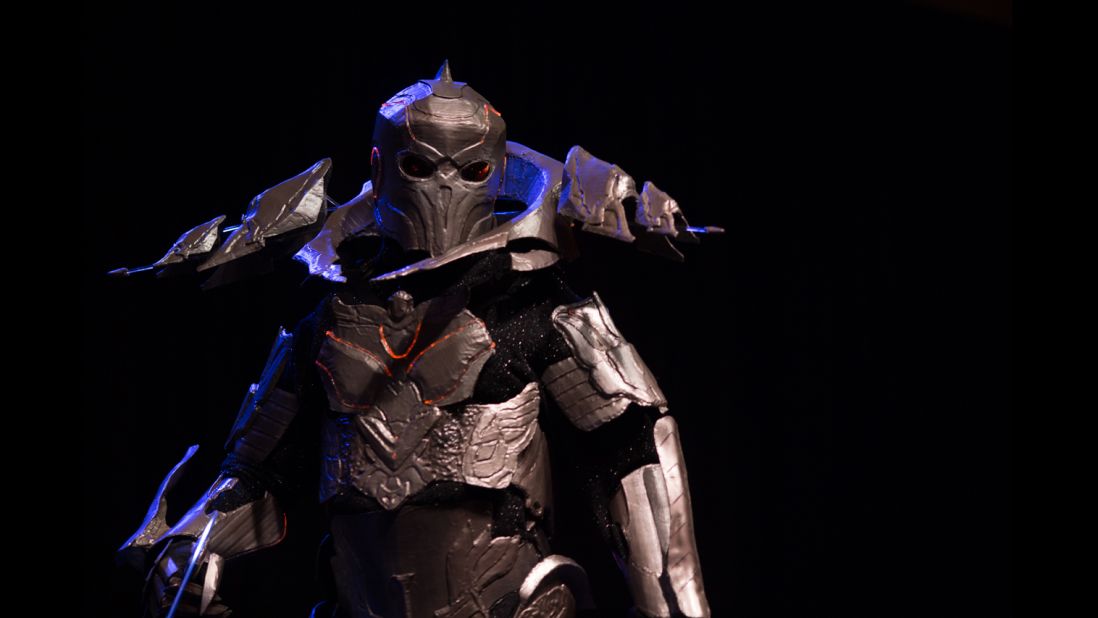 A participant walks on stage as a character from the video game "Elder Scrolls: Skyrim."