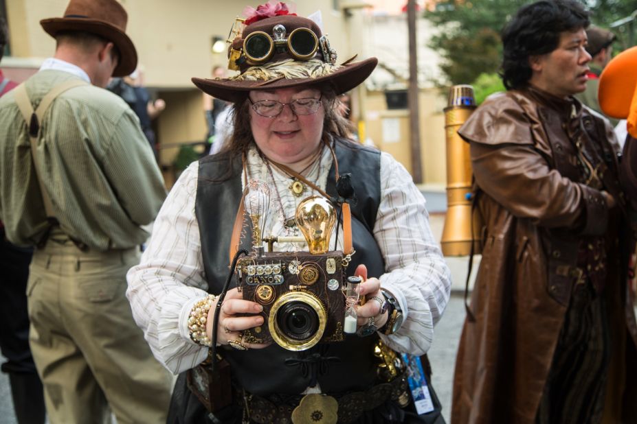 Janet Sella of Naples, Florida, dresses as a steampunk photographer.