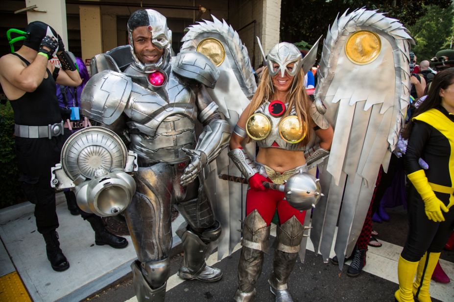 J. Alonzo Clark, left, and Trina Rice of Kansas City, Missouri, are in character as Cyborg and Savage Hawkgirl.