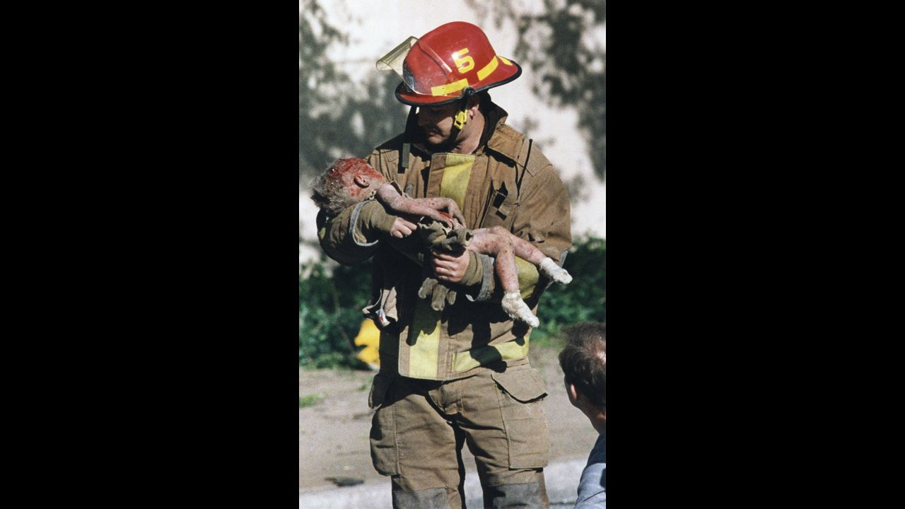Aspiring photojournalist Charles Porter was working near the Alfred P. Murrah Federal Building in Oklahoma City in 1995 when "there was just a huge, huge explosion." He rushed to the scene and saw firefighter Chris Fields emerge from the rubble holding a dying infant, 1-year-old Baylee Almon. Porter's Pulitzer Prize-winning photograph of the moment became a symbol of the Oklahoma City bombing, which claimed 168 lives.