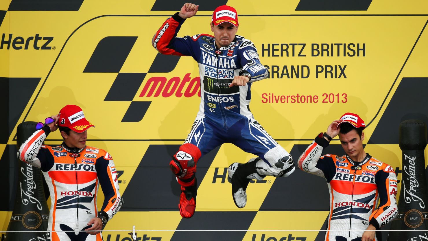 Jorge Lorenzo was jumping for joy after beating two Honda racers at the British MotoGP at Silverstone. 