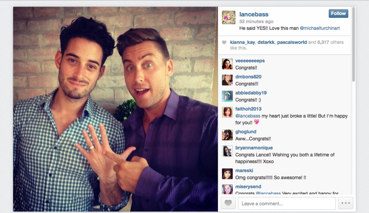 Lance Bass, right, and Michael Turchin wed in December 2014 in Los Angeles. The couple announced their engagement on social media in September 2013 with a shot of Turchin flashing the ring. 