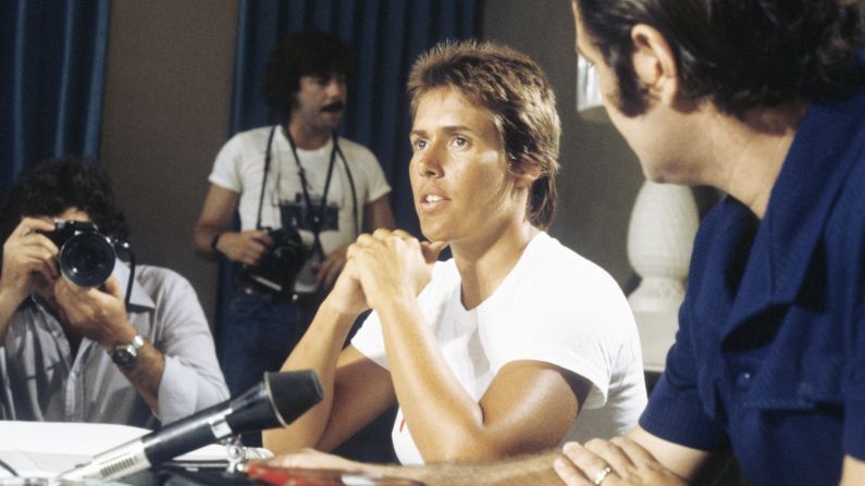 Nyad faces the media in August 1978 before her first attempt to swim from Cuba to the United States.