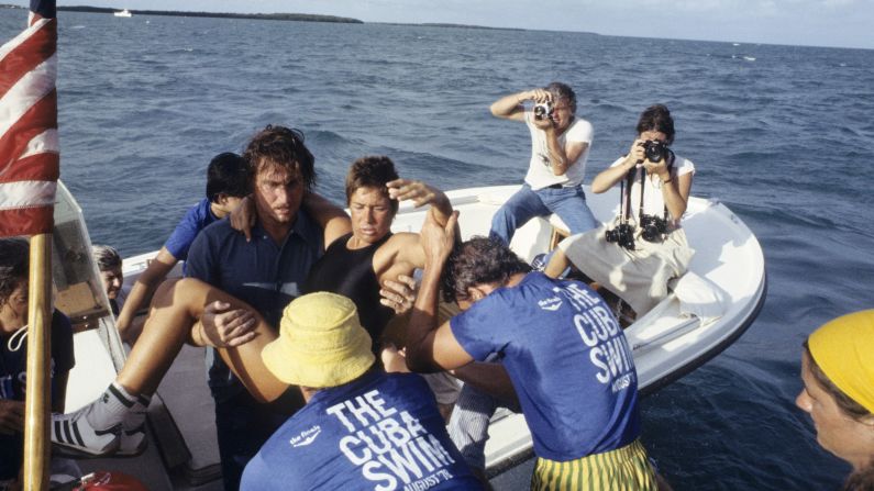 Nyad gets rescued from the water during her 1978 attempt.