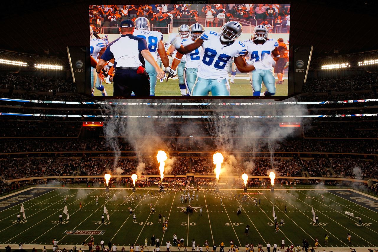 AT&T Stadium, home of the Dallas Cowboys, is Wi-Fi enabled and is home to high-definition LED video displays so large they have <a href="http://cowboysblog.dallasnews.com/2013/08/video-board-gets-in-the-way-on-cowboys-punt-re-kick-results-in-bengals-td.html/" target="_blank" target="_blank">twice</a> been struck by balls in play.
