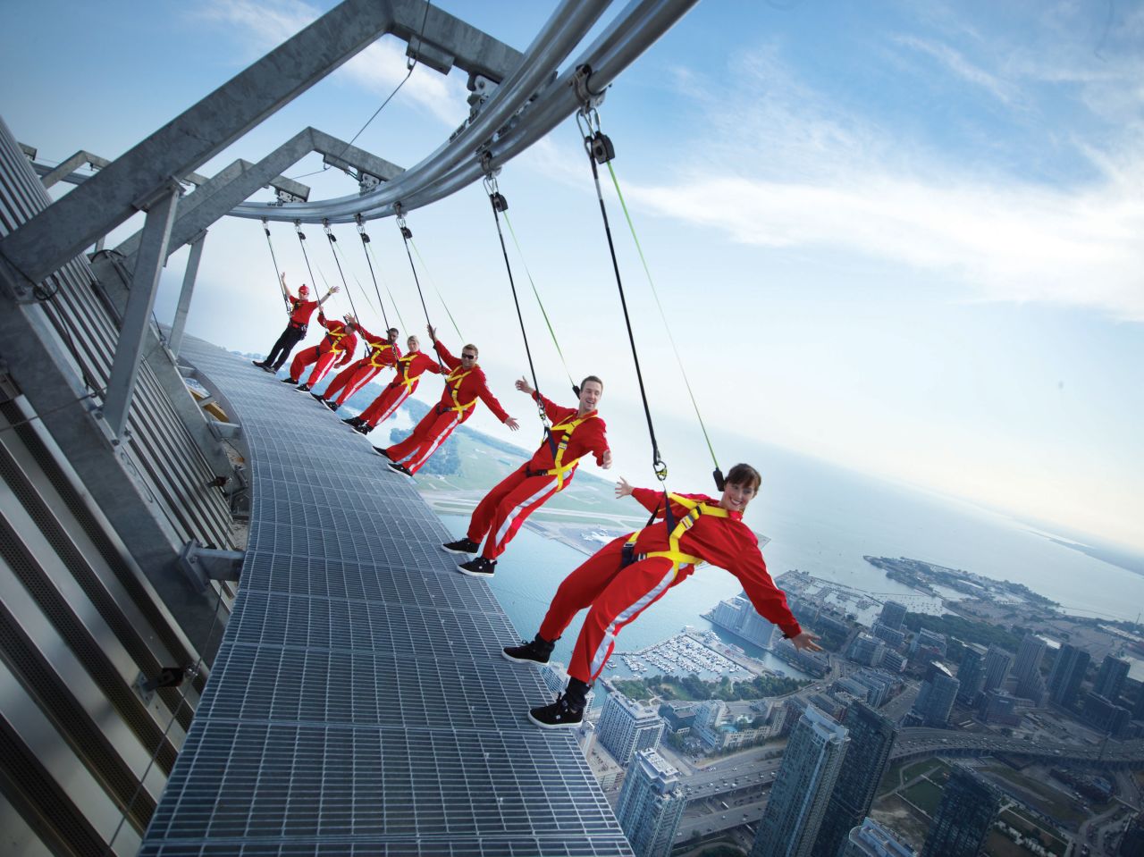 Located on the roof of the CN Tower's restaurant at a height of 1,168 feet (356 meters), the EdgeWalk in Toronto allows visitors to slip into climbing harnesses and walk around the edge of Canada's tallest structure. 