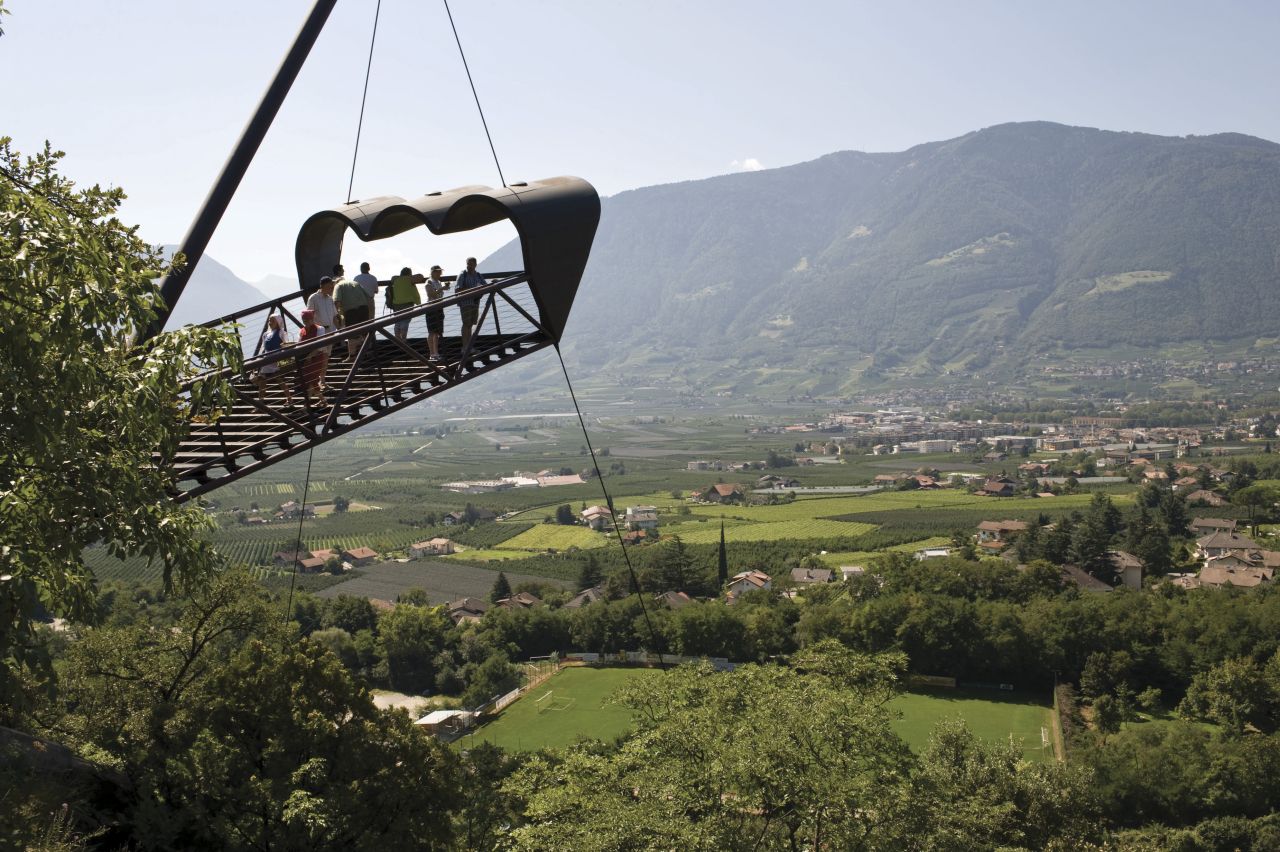 The best views of Italy's Merano region are from this binocular-shaped viewing platform, high above the gardens' huge oak forest. The viewing platform is just one of several within the gardens, which were recently named Italy's most beautiful gardens.