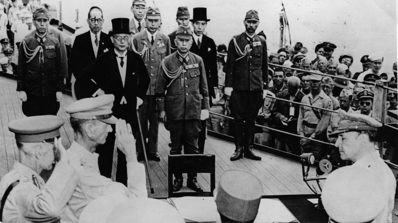 U.S. Army Gen. Douglas MacArthur, bottom right, prepares to accept Japan's unconditional surrender on September 2, 1945.