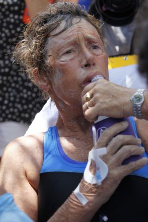 Nyad takes a drink after completing her 53-hour swim from Cuba to Key West, Florida, on Monday, September 2.  Nyad is the first person to swim from Cuba to Florida without a shark cage. She completed the 110-mile swim on her fifth try.