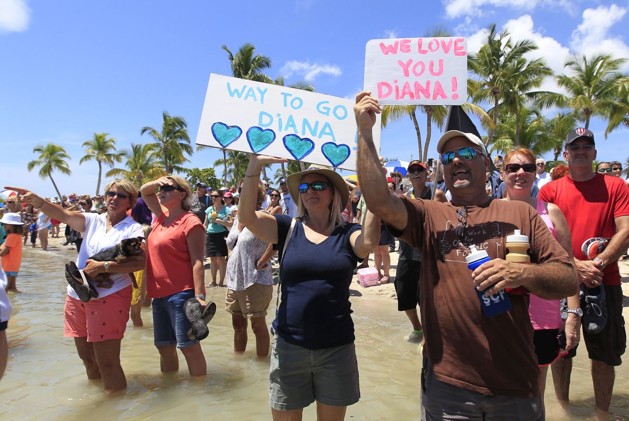 People cheer as they await Nyad in Key West on September 2.