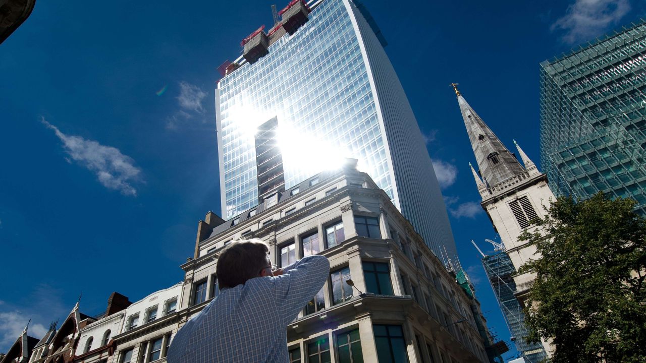 Intense light beams down from the new "Walkie Talkie" tower in central London on Friday, August 30. The curved side of the glass tower reflects such a strong beam of light that it has melted parts of cars.