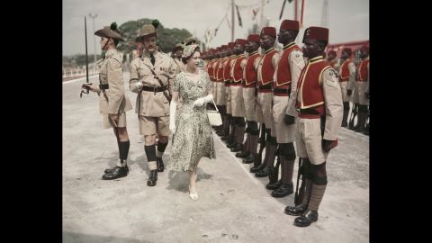 During her Commonwealth Tour, Queen Elizabeth II inspects men of the Queen's Own Nigeria Regiment, Royal West African Frontier Force at Kaduna Airport in Kaduna, Nigeria, on February 2, 1956.