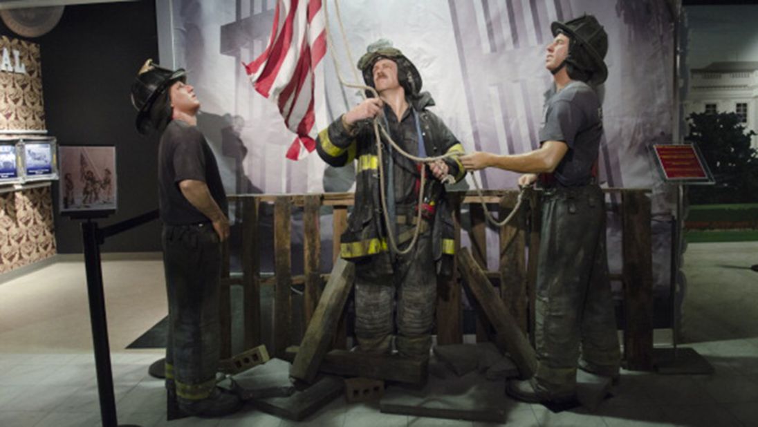 Wax figures of the firefighters are displayed during the "HOPE: Humanity And Heroism" exhibition at Madame Tussauds in Washington on May 10, 2013.