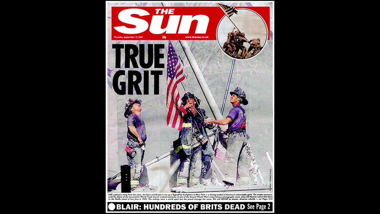 On September 13, 2001, the front page of Britain's "The Sun" draws the comparison between the image at the World Trade Center and Joe Rosenthal's 1945 photograph of U.S. troops raising a flag in Iwo Jima during World War II.