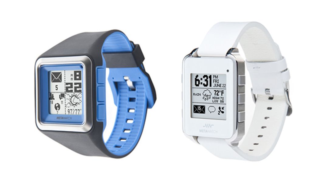 The MetaWatch has a retro-looking, black-and-white screen, but it can connect to newer iPhones in addition to Android devices. It is also a water-resistant sports watch that tracks pace and distance. The watch starts at $179 and is available with various colored bands or in black or white leather. 