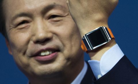 J.K. Shin, head of Samsung Mobile Communications, presents the Samsung Galaxy Gear in Berlin in 2013. Six months later, a second-generation watch featured a new operating system and more processing power.