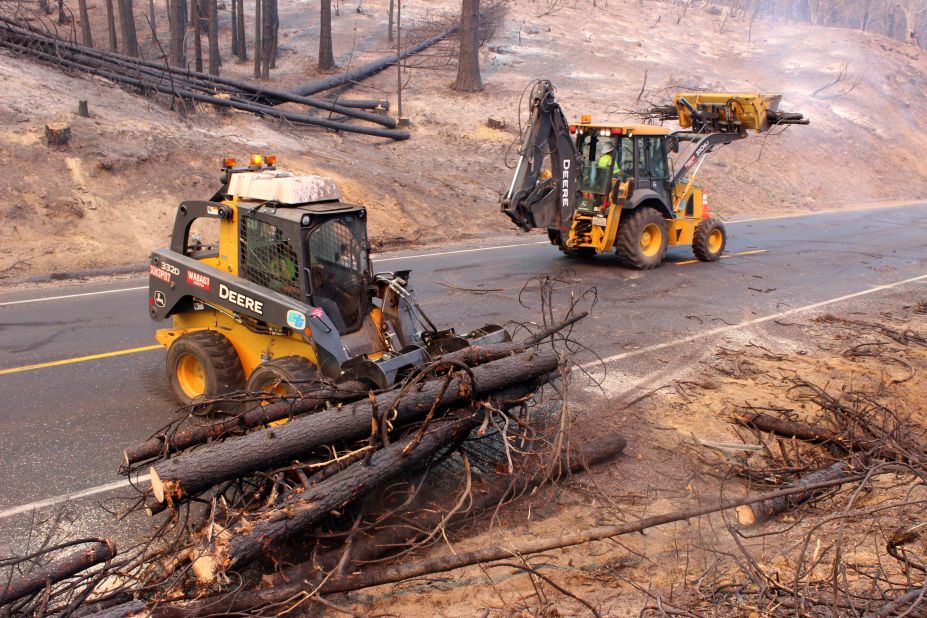 California Highway 120 is cleared of debris as crews continue to fight the Rim Fire near Yosemite on September 4.