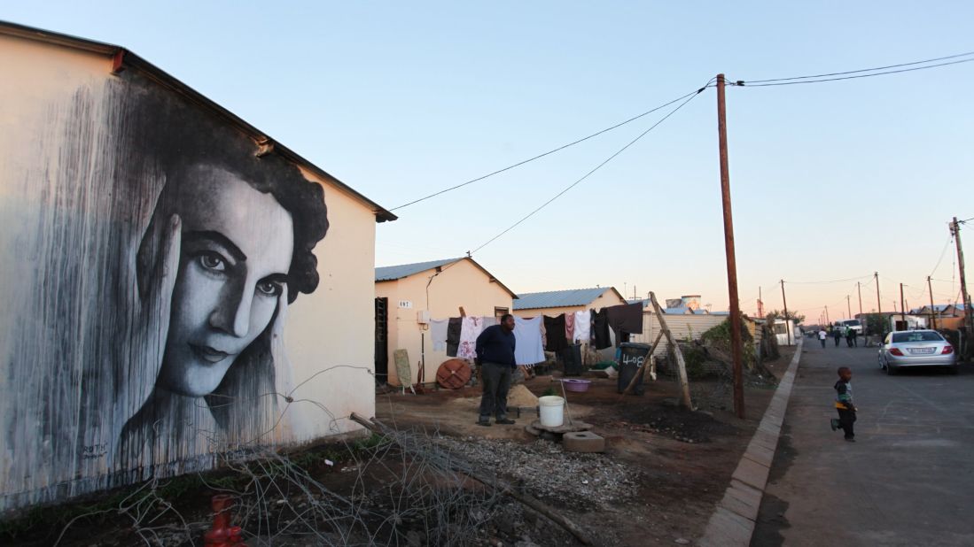 This image of anti-apartheid activist Ruth First was painted on the side of a home in Soweto by Ben Slow. First was murdered by a parcel bomb while working in exile in Mozambique in 1978, and remains one of the most iconic figures of the country's struggle against the former regime.