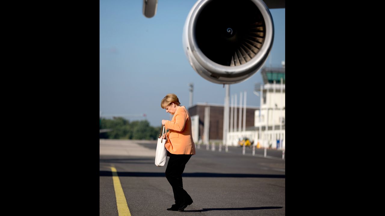 German Chancellor Angela Merkel arrives at the Tegel airport in Berlin on September 5 before heading to the G-20 summit in St. Petersburg.