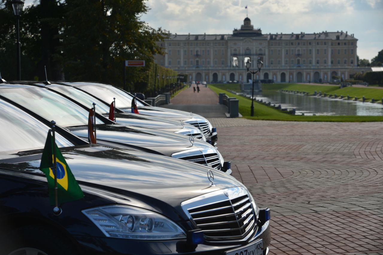A rows of cars waits outside the meeting of the BRICS delegation heads on September 5.