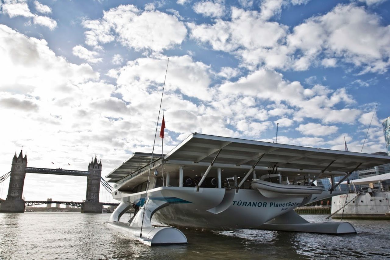 The 35-meter catamaran arrived in London last week, cruising under iconic Tower Bridge on the last stop of a scientific mission across the Atlantic.