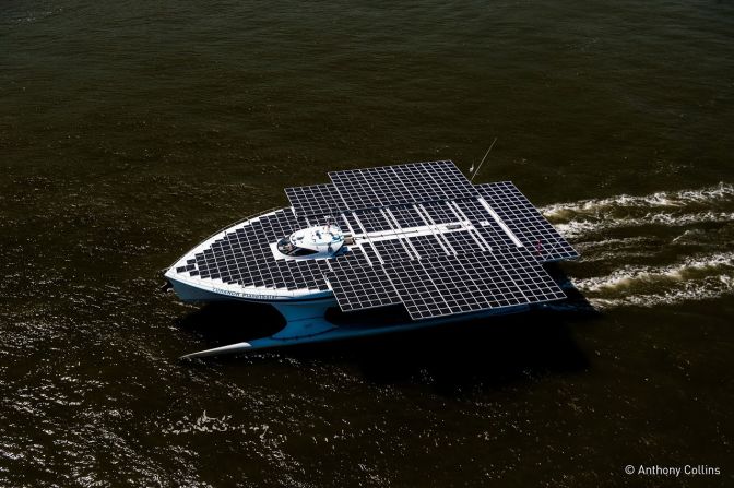 Featuring an expandable deck covered in over 500 square meters of solar panels, the 60-ton vessel is completely powered by the sun. More than 800 solar panels charge enormous lithium-ion batteries stowed in the catamaran's twin hulls -- which power two electric motors at the back.