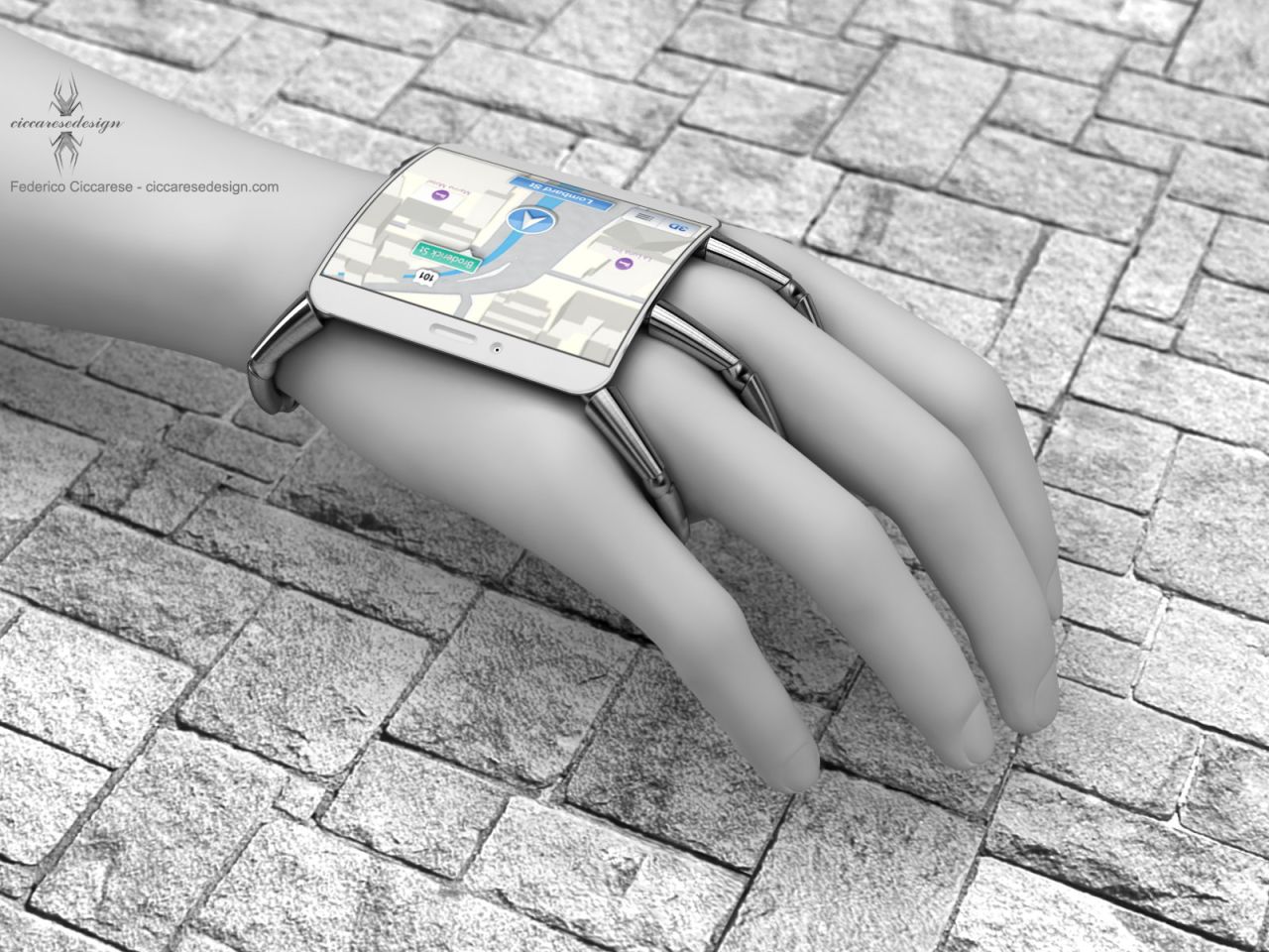 Far less likely to hit an Apple store near you yet a product of the same imagination is Ciccarese's design for a wearable iPhone 5. Inspired by the pre-release rumor that Apple's iPhone 5 would be "spider-like" (really?!), his concept has metal legs that clamp around the user's hand.