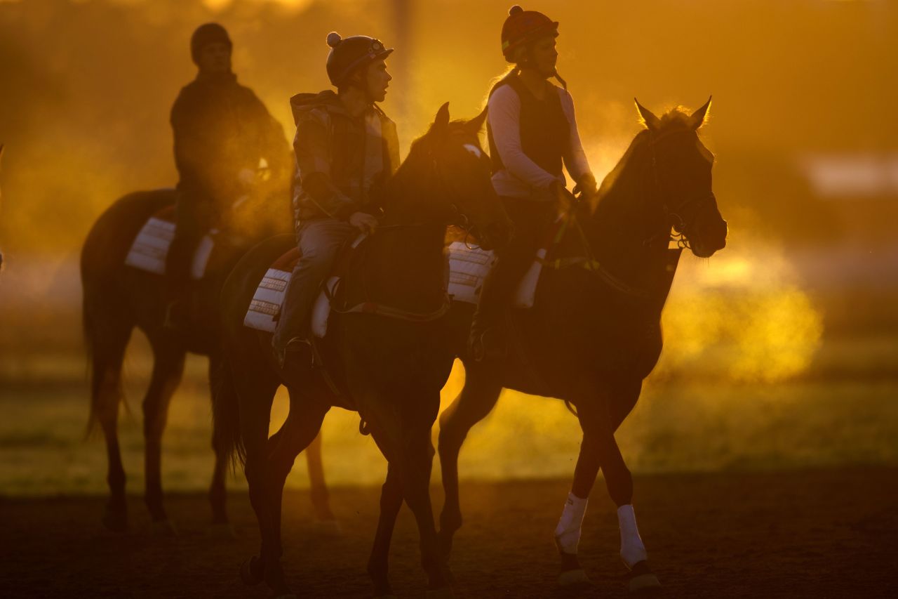 Track riders and their horses work out in cold and steamy conditions during a trackwork session at Flemington Racecourse in Melbourne, Australia, on September 3.