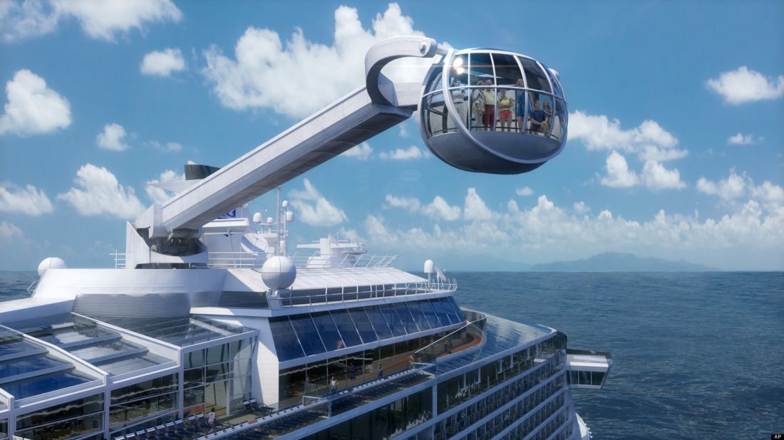 Royal Caribbean's anticipated new ship, <em>Quantum of the Seas</em>, will be unveiled in November 2014. With this glass observation capsule (300 feet above the water), bumper cars and surfwave simulator, it hopes to set a new standard for cruise adventure.