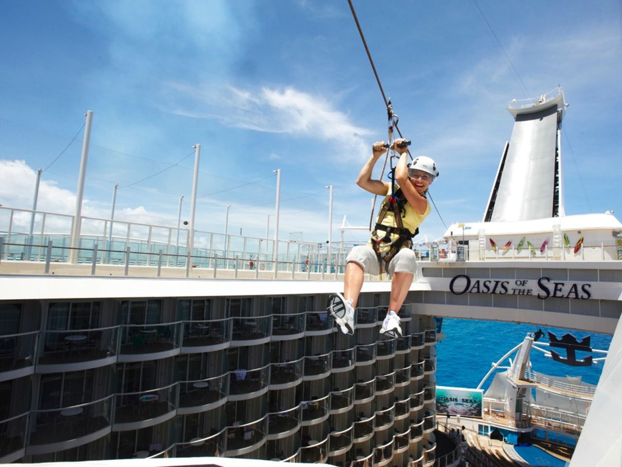 The <em>Oasis of the Seas</em> has 25 restaurants, 2,394 crew members and seven themed "neighborhoods." Its zip line is suspended nine decks high and runs 82 feet across the ship's open-air atrium.