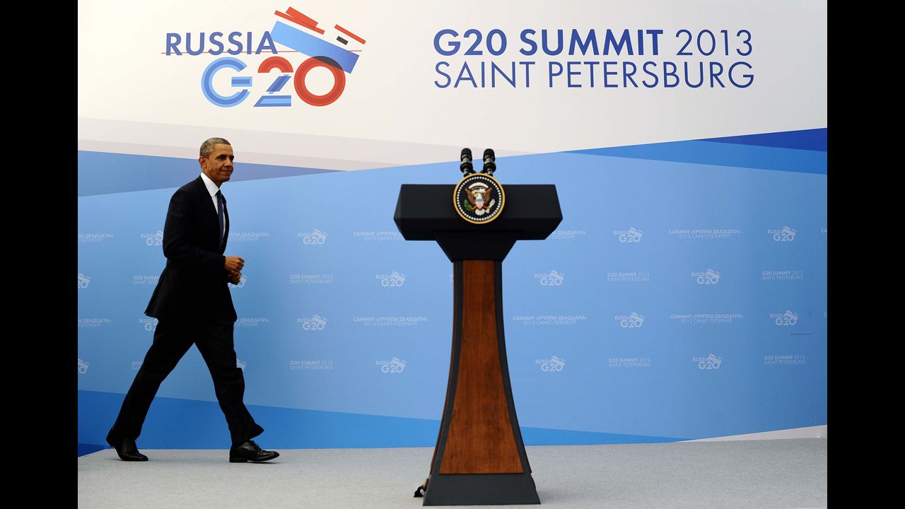 U.S. President Barack Obama arrives to give a press conference in St. Petersburg, Russia, on Friday, September 6. Although the summit's topic is the global economy, Syria's is overshadowing the conference.
