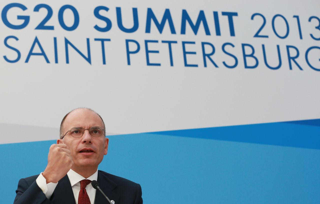 Prime Minister of Italy Enrico Letta speaks during a press conference at the end of the G-20 Summit on September 6.