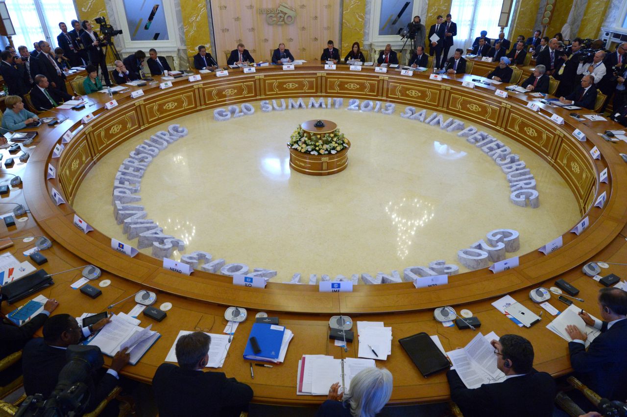 A view of the meeting of the G-20 heads of state and government, as well as the heads of invited states and international organizations, at the G-20 Summit on September 6. Leaders of the G-20 nations made progress on tightening up on multinational company tax avoidance, but they remain divided over the Syrian conflict as they enter the final day of the summit.