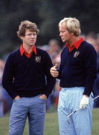 Legends paired: Watson and Jack Nicklaus share some time at the 1981 Ryder Cup at Walton Heath, which saw a crushing victory for a powerful United States team.
