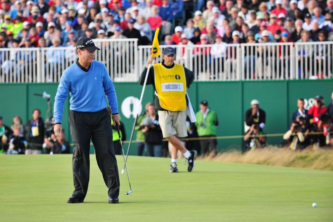 Watson's putt on the 18th green of the final round to win the 2009 British Open narrowly misses. Then 59, he eventually lost a playoff to Stewart Cink.