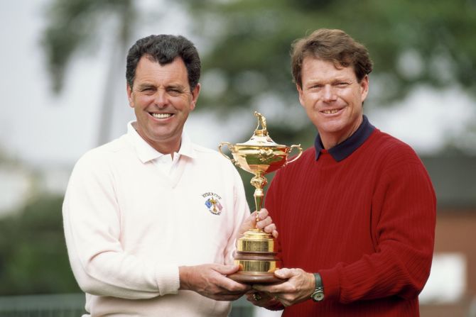 1993 Ryder Cup captains Bernard Gallacher, left, and Watson parade the trophy before the match at The Belfry, which was won by the U.S. team.