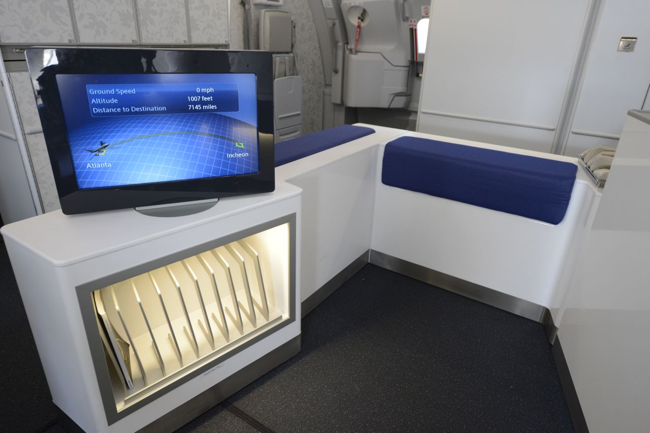 The Korean Airlines A380 boasts a lounge area that entices passengers to spread out and relax.