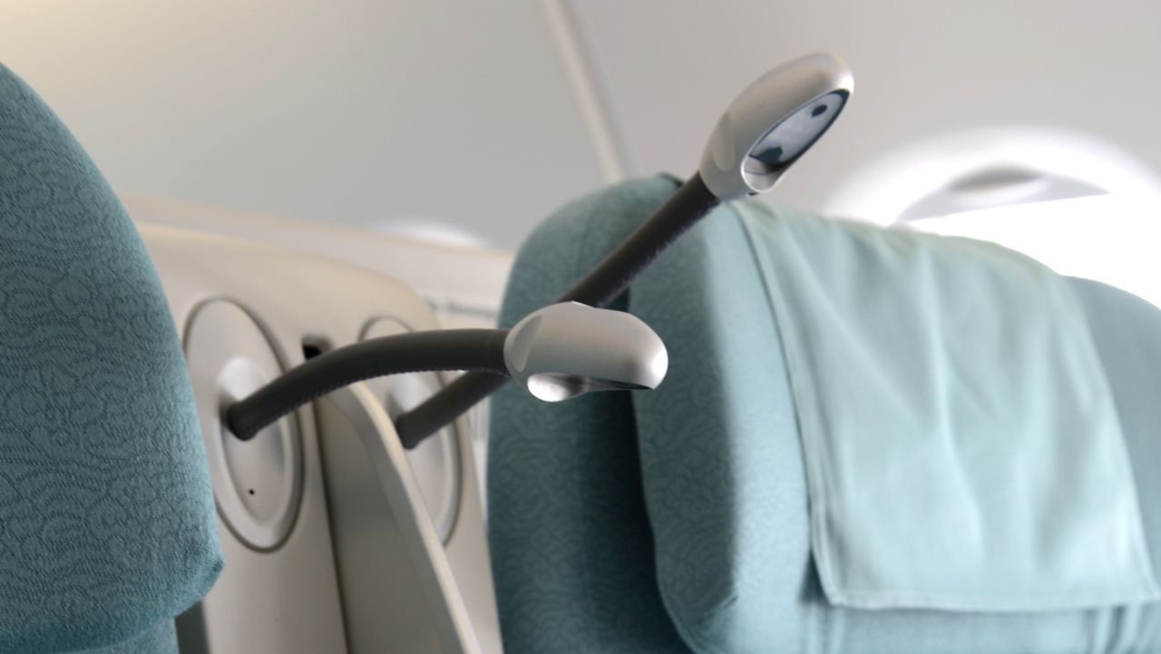 The upper deck of the A380 is entirely devoted to business class passengers. Amenities include adjustable reading lights between the seats.