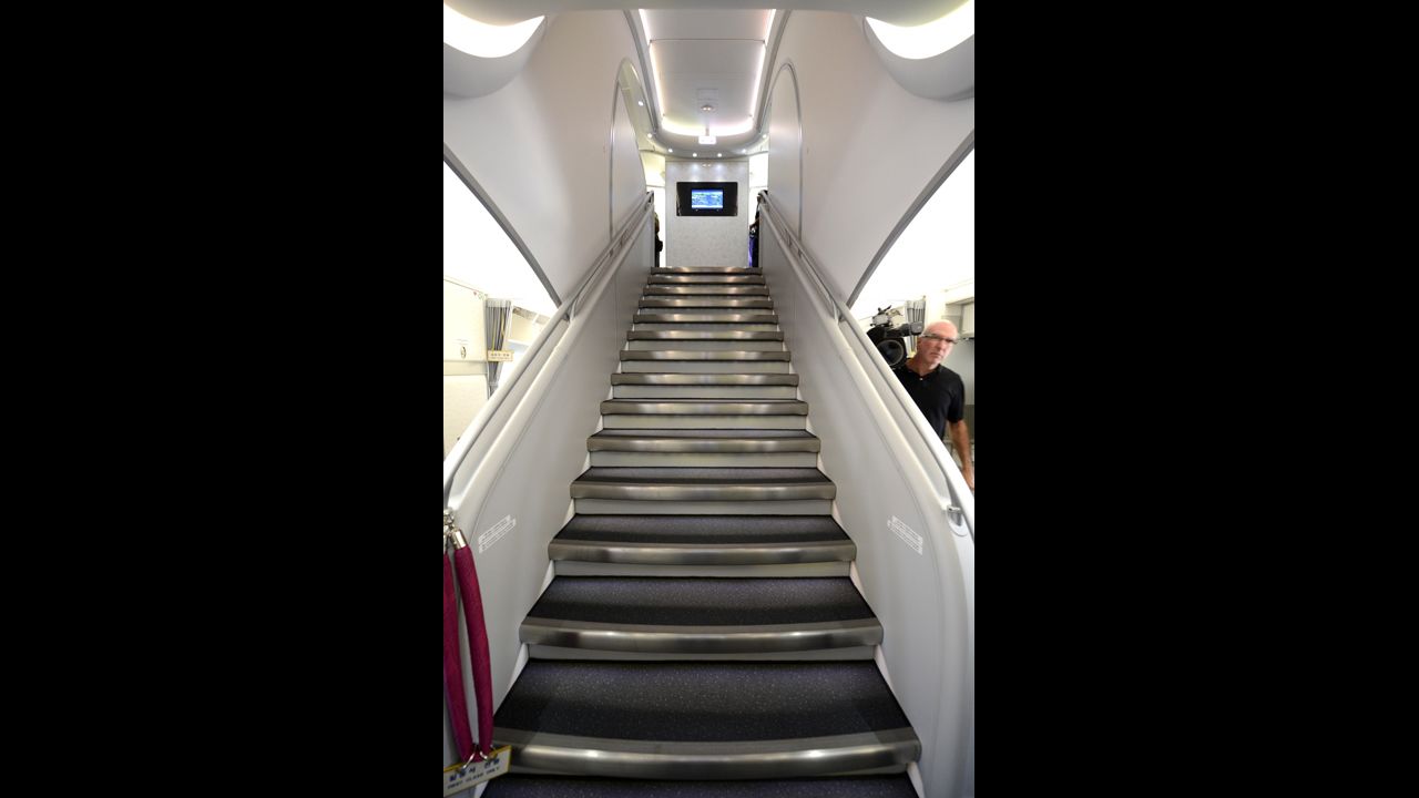 The A380 is the only airliner with double-decker floors from front to back. Passengers take this stairway near the front of the aircraft to the business class section on level two. 