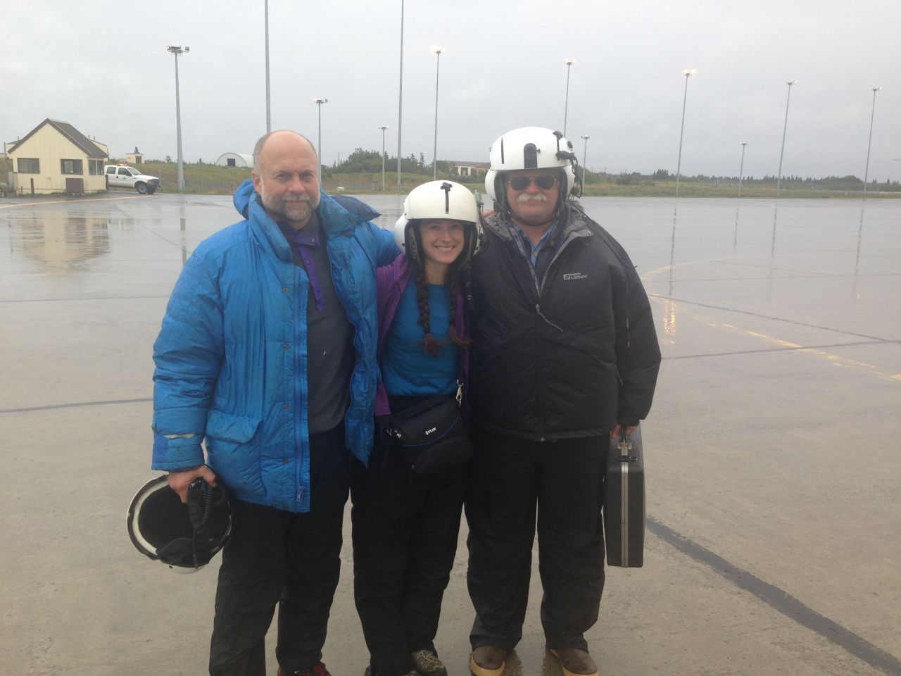 Paskievitch, Lopez and Egli are all smiles after they were picked up Friday by the Alaska Air Guard Rescue team and return to King Salmon. The three stayed in sleeping bags inside the helicopter except to answer nature's calls and shoot a flare at the request of the rescuers
