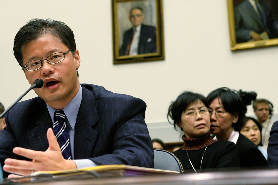 Then-Yahoo CEO Jerry Yang testifies before the U.S. House Foreign Affairs Committee on November 6, 2007.