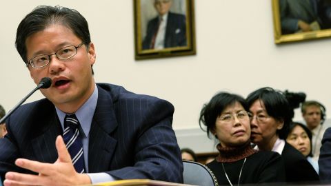 Then-Yahoo CEO Jerry Yang testifies before the U.S. House Foreign Affairs Committee on November 6, 2007.