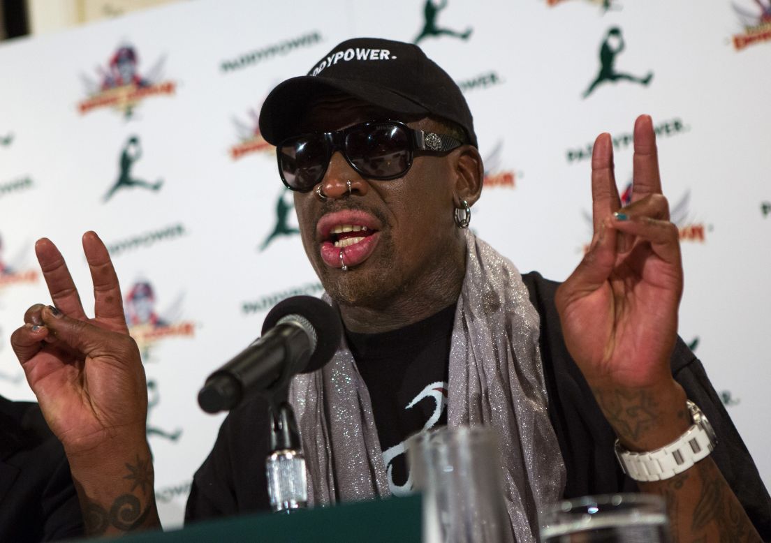 Former NBA basketball player Dennis Rodman speaks at a press conference at the Soho Grand Hotel in New York on Monday, September 9. 