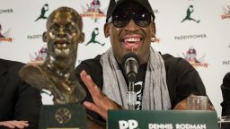 Former NBA basketball player Dennis Rodman speaks to the media during a news conference in New York, Monday, Sept. 9, 2013. Rodman is going back to North Korea, and he says he will bring a team of former NBA players with him. Days after returning from his second trip to visit North Korean leader Kim Jong Un, Rodman announced plans to stage two exhibition games there in January.  (AP Photo/John Minchillo)