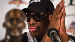 Former MBA basketball player Dennis Rodman waits before speaking to the media during a news conference at the Soho Grand Hotel, Monday, Sept. 9, 2013, in New York. Days after returning from his second trip to visit Kim Jong Un, in which he held the leader's newborn baby, Rodman announced plans to stage two exhibition games there in January. (AP Photo/John Minchillo)