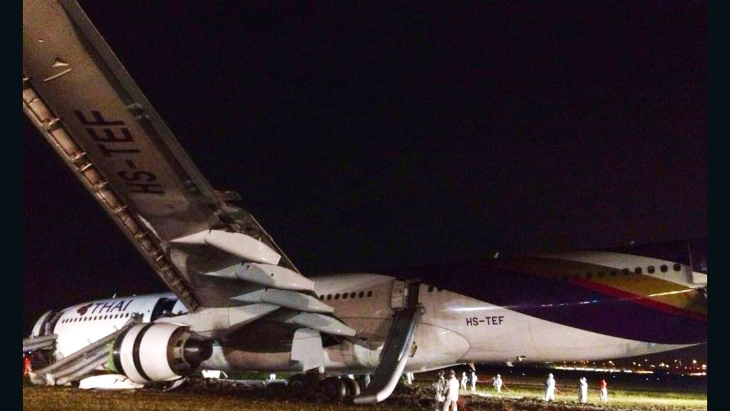 Thai Airways says a landing gear malfunction caused its Airbus A330-300 to skid off the runway after landing in Bangkok. 