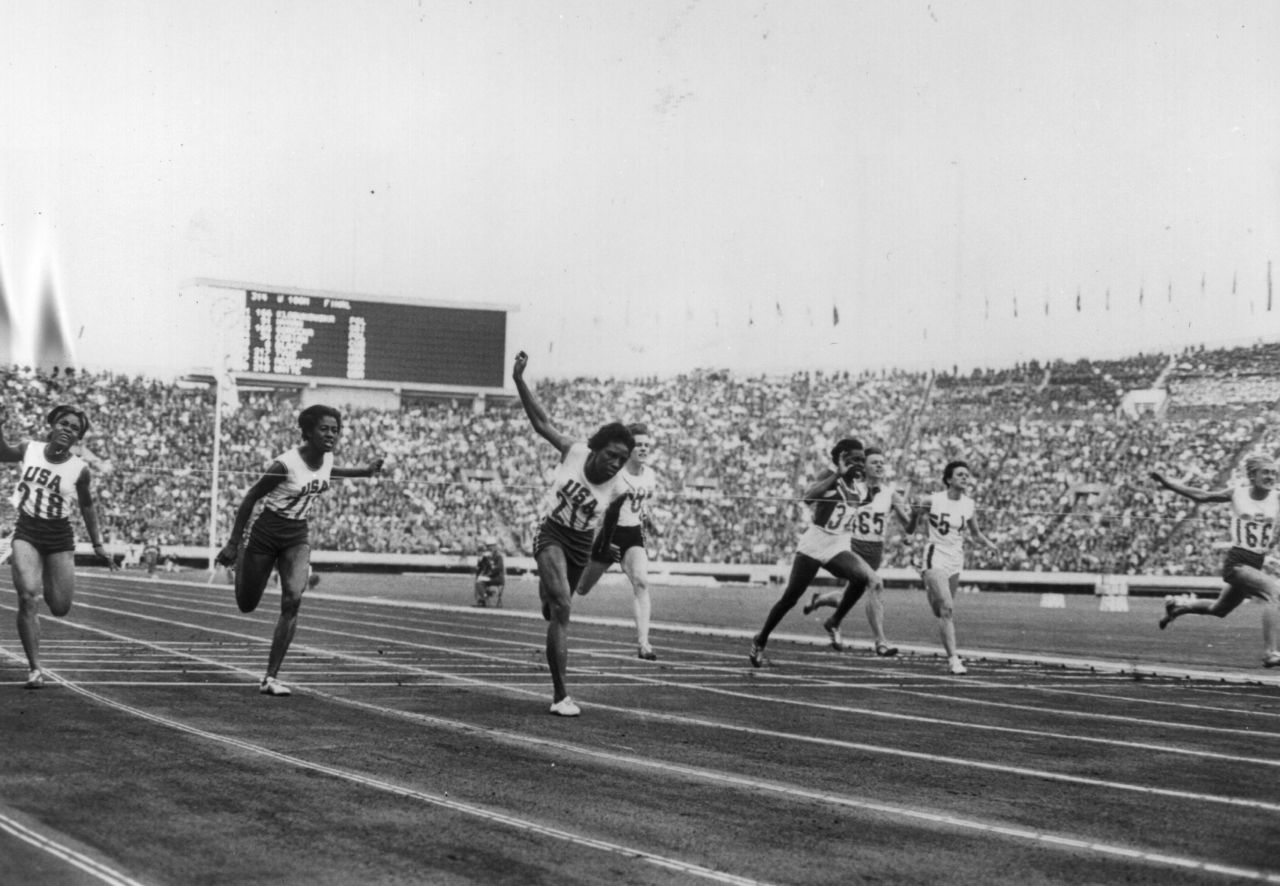 October 10, 1964: Edith McGuire and Wyomia Tyus of the U.S. and Ewa Klobukowska of Poland during the Women's 100 meter final. Tyus won the race.