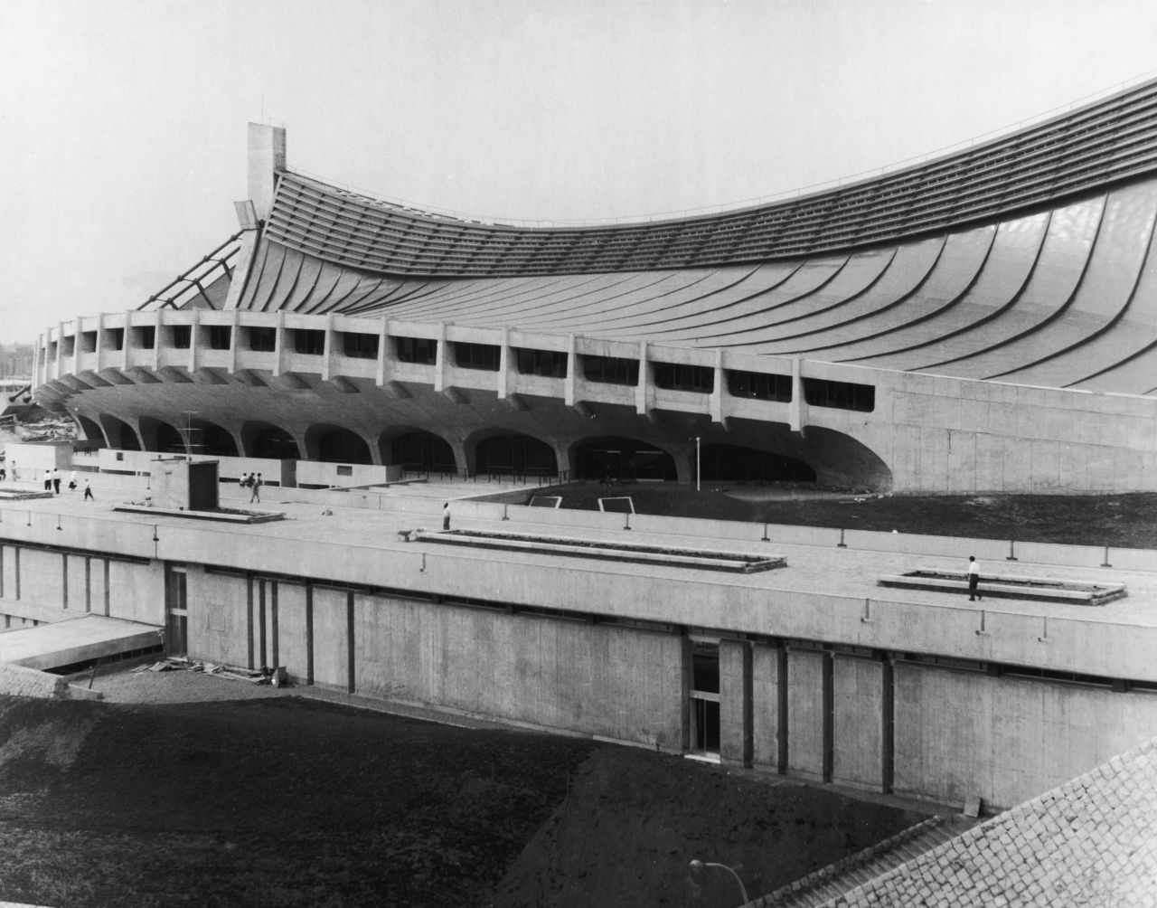 The completed National Gymnasium. The building was designed by Japanese architect Kenzo Tange.